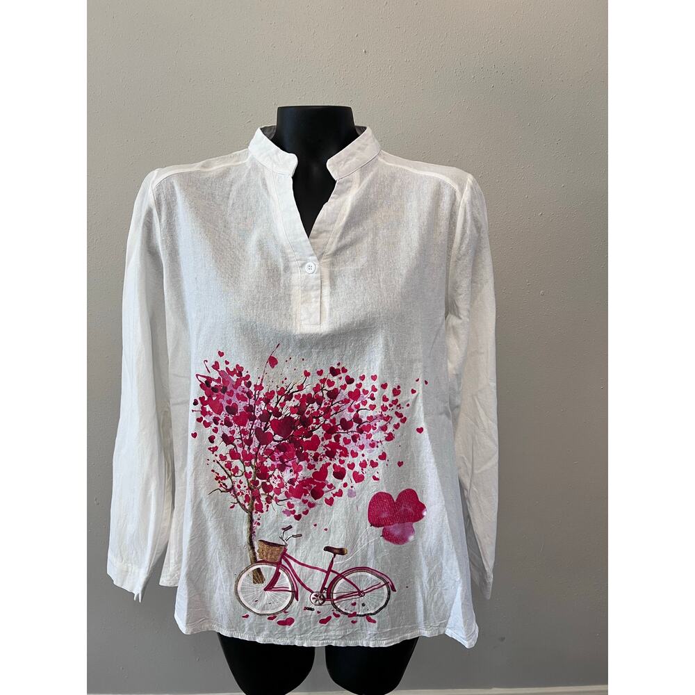 Floral Print Tunic Blouse Women’s 2XL white/red/pink long sleeves. Cottagecore